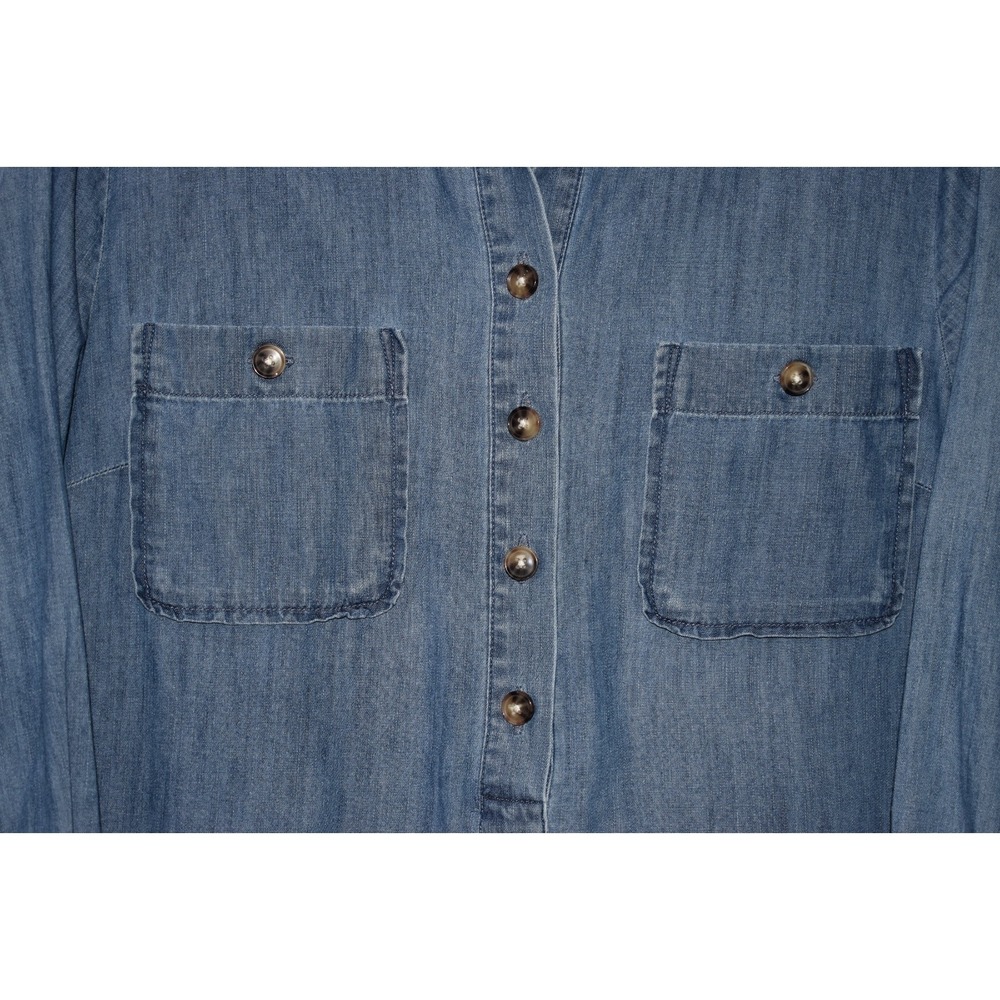 Loft‎ MEDIUM Denim Chambray Blue Shirt Dress Chest Pockets Long Slv 100% Cotton - Picture 8 of 16